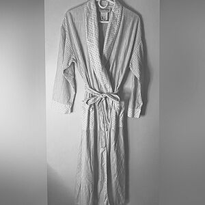 Vintage Lanz of Salzburg Blue White Polka dot, Stripe Flannel Robe Sash Sz Med